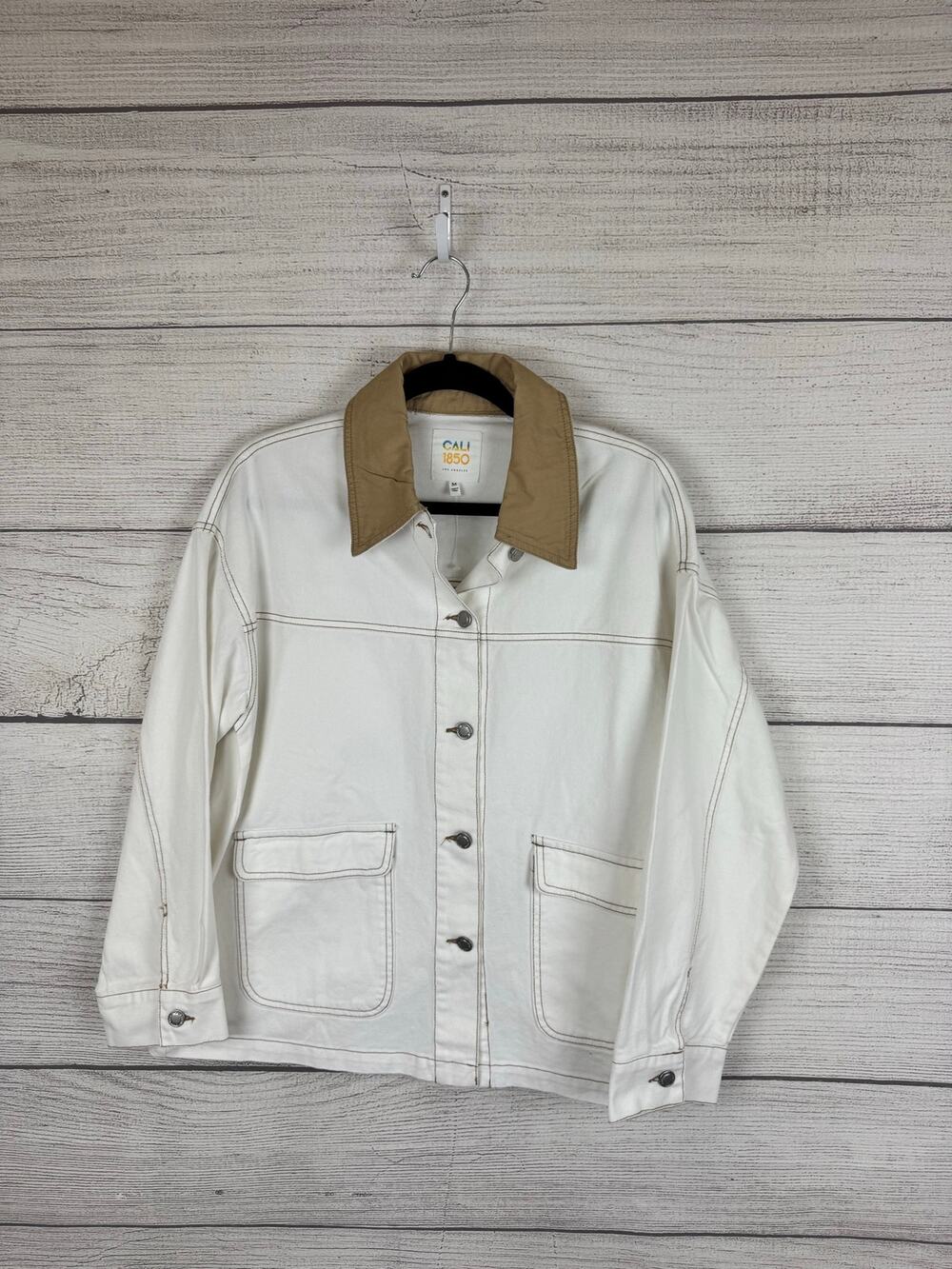Cali 1850 LA Women's White Tan Stitched Collared Barn Jacket Size Medium